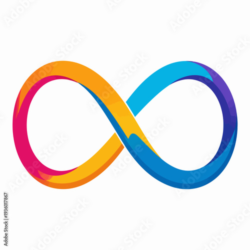 Capturing a vibrant modern infinity symbol rendered in a seamless gradient of pink, orange, blue, and purple, displayed on a crisp white canvas from a frontal artistic illustration perspective