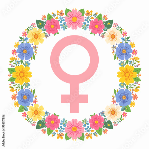 a pink female symbol embraced by a vibrant floral wreath, rendered as a graphic illustration on a crisp white canvas, viewed from a frontal perspective