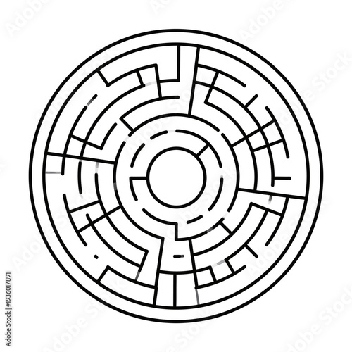 Exploring a detailed black and white circular maze illustration from a top-down perspective, showcasing symmetrical concentric pathways and intricate winding routes in a minimalist design environment