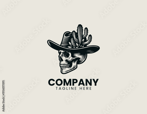 Human skull wearing wide brim hat with cactus plants is presented as bold monochrome vector logo on clean white background for western and desert branding use