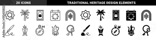 Islamic heritage cultural symbols featuring hybrid designs of prayer beads with star shapes and palm trees merged with crescent moon motifs in dual outline and solid styles