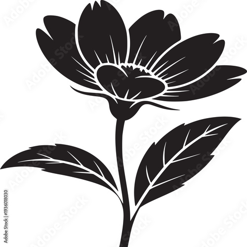 Black and white flower with petals and leaves on a stem in a graphic design illustration style