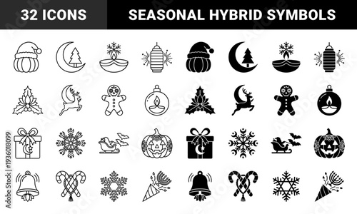 Symmetric hybrid holiday symbols merging Christmas and Halloween elements with celestial moon and star motifs in dual line and solid styles