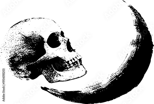 High contrast skull and crescent moon ink art - gothic design for tattoos or posters