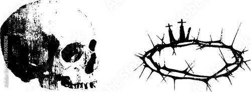 Black and white skull with crown of thorns ink art for spiritual design