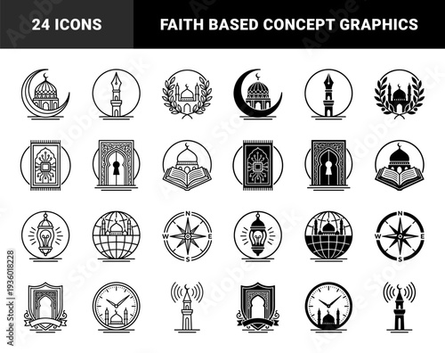 Islamic culture and religious symbols merged with modern concepts featuring mosque architecture moon stars globe clock and prayer rug illustrations