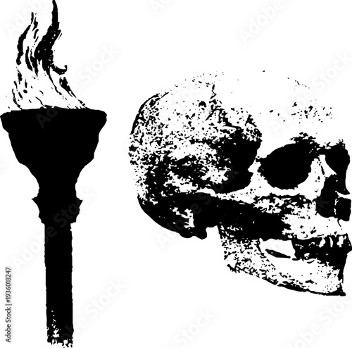 Skull and torch high contrast black and white ink design for halloween decor