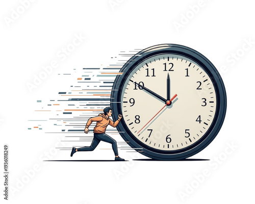 Deadline Pressure Time Management Concept – Man Running with Giant Clock, Speed Lines, Urgency and Productivity Stress, Flat Vector Illustration for Business & Work