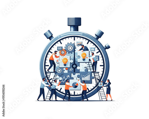 Team Assembling Giant Stopwatch with Gears, Charts, Lightbulbs, and Graphs on Ladders - Time Management Productivity Concept Flat Vector Illustration