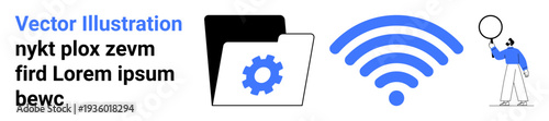 File folder with gear, wireless symbol in blue, person holding balloon. Ideal for technology, connectivity, wireless communications, cloud storage, data management, innovation simple landing page