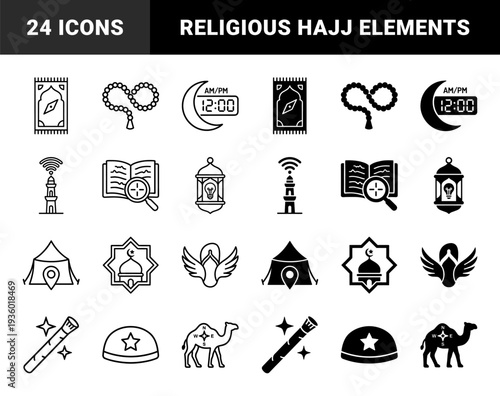 Islamic Pilgrimage and Ramadan Symbols Featuring Hybrid Hajj Concepts with Prayer Rug Compass Minaret Signal and Winged Sandal Elements