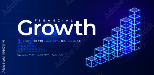 Financial Growth, Analytics Dashboard, Metrics Investment Index YTD, Volatility Sharpe. Portfolio Performance Data Models Benchmarks, Trend Chart Cubes Neon Technology Vector Illustration