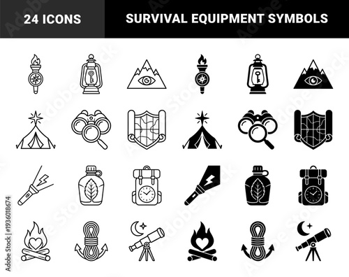 Monochrome adventure icons merging outdoor gear with symbolic elements like a torch compass and lantern key in outline and solid styles