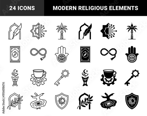 Modern Islamic Hybrid Icons Combining Traditional Religious Symbols with Contemporary Technology and Abstract Geometric Design Elements in Outline and Solid Styles