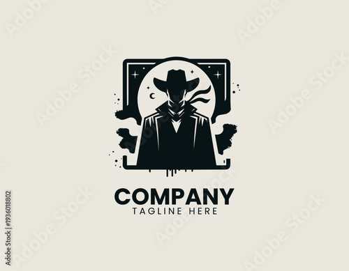 Western gunslinger silhouette with cowboy hat in square frame black vector logo illustration isolated on white background