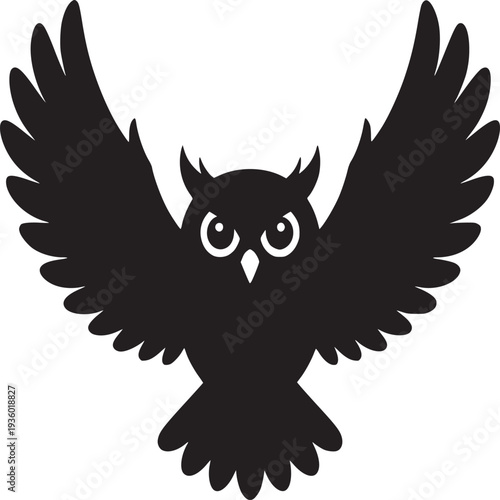 Silhouette of an owl with wings spread wide open against a plain white background in a flat style
