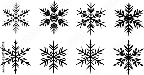 Collection of eight unique black snowflakes on white background