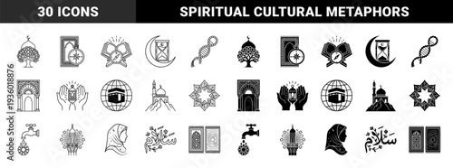 Islamic spiritual symbols and cultural metaphors featuring hybrid designs with prayer rugs compasses DNA rosary beads and architectural elements