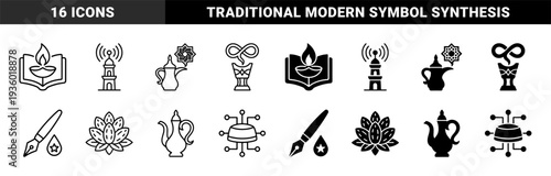 Traditional Middle Eastern cultural symbols merged with modern digital connectivity and academic knowledge in a minimalist hybrid line and solid style