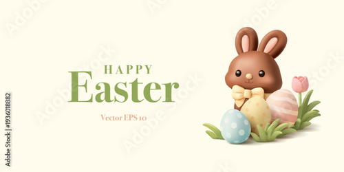 Happy Easter, greeting banner with 3D cute chocolate bunny, Easter eggs, tulip. Cute scene where bunny is hiding in the grass. Vector illustration.