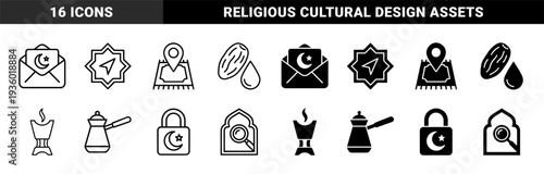 Islamic Heritage Hybrid Icons Combining Traditional Symbols Like Crescent Moon Envelope Prayer Rug Location Pin And Arabic Coffee Pot In Line And Solid Styles