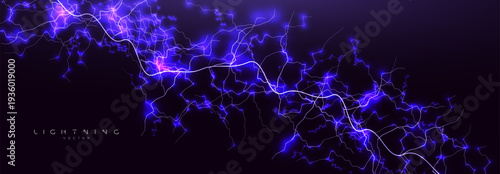 Electric Energy Lightning Plasma, Blue Neon Abstract Lightning Background, Glow Spark Surge Power Current Voltage Network Connections Digital Cyber Technology Data Pulse. Vector Illustration.