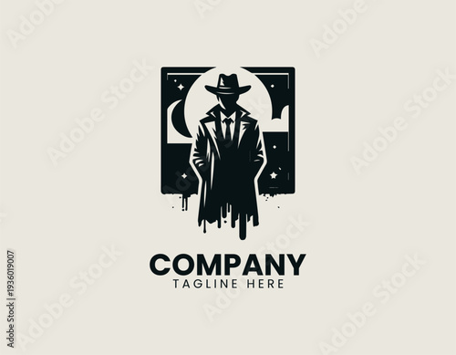 Western gunslinger silhouette with cowboy hat in square frame black vector logo illustration isolated on white background