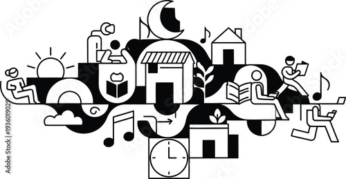 People engaging in various leisure activities and work at different times of day illustrated in a stylized scene wqe (359)