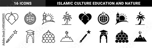 Islamic symbolic hybrid icon set featuring mosque domes combined with hearts globes palm trees mountains and academic graduation caps in line and solid styles