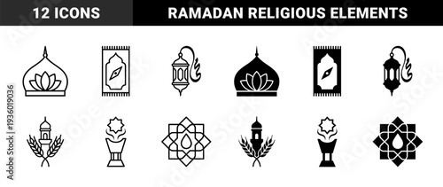 Islamic Ramadan Hybrid Icon Set Featuring Mosque Dome Lotus Prayer Rug Compass Lantern Calligraphy Minaret Wheat Incense Burner and Charity Box