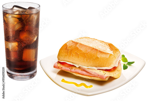 A Misto Quente sandwich on French bread with ham, cheese, and tomato, accompanied by a glass of cola with ice isolated in a transparent background