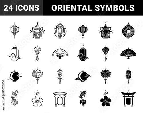 Traditional East Asian cultural symbols featuring paper lanterns and celestial elements merged with floral motifs and auspicious wildlife in dual line and solid styles