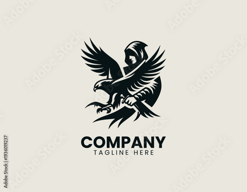 Hooded falconer holding bird of prey black vector logo illustration isolated on white background