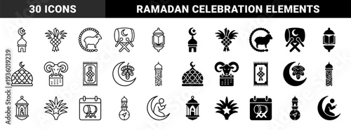 Islamic Religious Icon Set featuring Ramadan and Eid Mubarak Symbols with Hybrid Designs including Crescent Moon Dates and Prayer Rug Ketupat