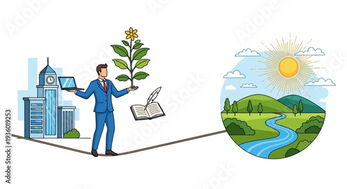 A businessman balances on a tightrope between a modern city and a natural landscape, symbolizing work-life balance.