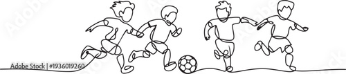 continuous line of children playing soccer happily. single line drawing for competition, soccer school, championship. one line Icon drawing