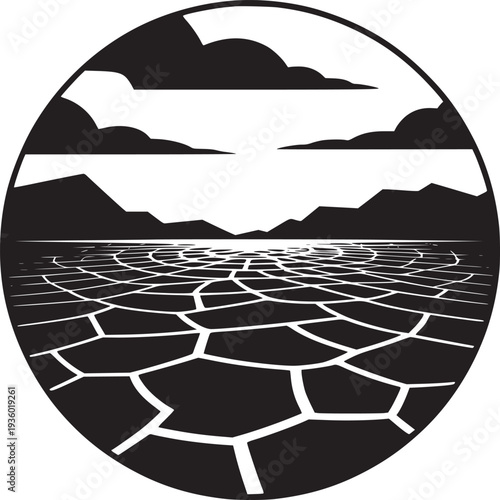 Black and white illustration of cracked earth landscape with mountains and clouds in oval frame