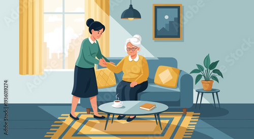 A young woman providing support and comfort to an elderly woman sitting in an armchair in a cozy living room.