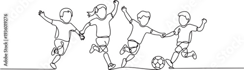 continuous line of children playing soccer happily. single line drawing for competition, soccer school, championship. one line Icon drawing