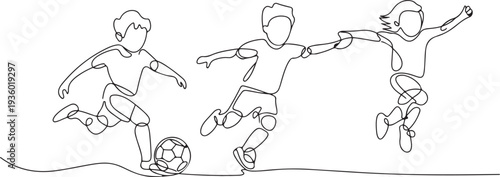 continuous line of children playing soccer happily. single line drawing for competition, soccer school, championship. one line Icon drawing