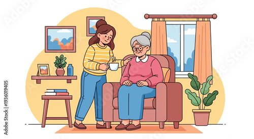 A young woman caring for an elderly woman by offering her a cup while she sits comfortably in an armchair at home.