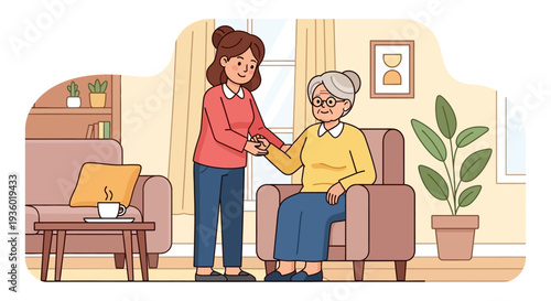 A young woman providing support and comfort to an elderly woman sitting in an armchair in a cozy living room.