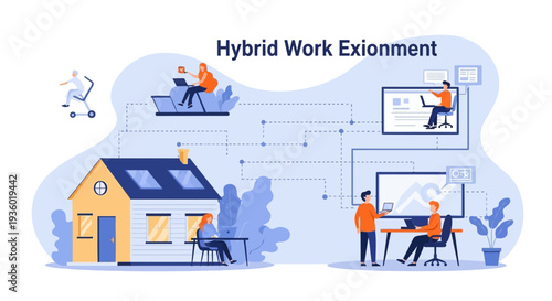 A detailed illustration showing hybrid work, connecting a remote worker at home with an in-office team through a central communication hub.