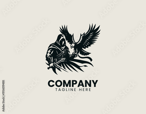 Hooded falconer holding bird of prey black vector logo illustration isolated on white background