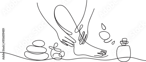health therapy with foot massage. foot massage with body scrub, maintain skin beauty. continuous gris vector. one line Icon drawing