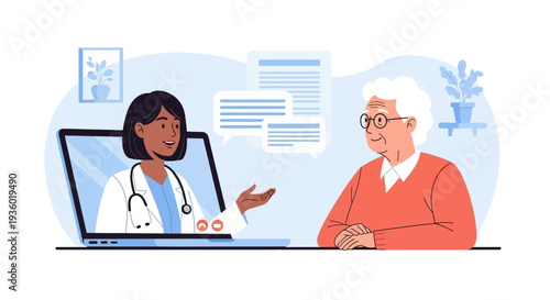 Doctor and elderly patient having a video consultation on a laptop screen.
