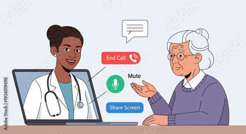 Doctor and elderly patient having a video consultation on a laptop screen.