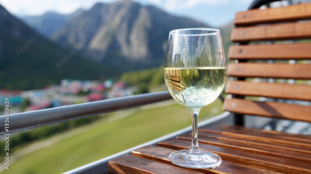 Naklejka premium Glass of white wine on balcony with scenic mountain view