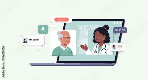 Digital healthcare consultation with an elderly patient video calling a female doctor on a laptop.