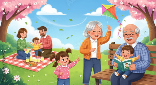 A multi-generational family enjoying a sunny day with a picnic and kite flying in a park with blooming trees.